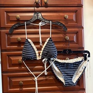 Juicy Couture Navy and Cream Striped Ruffle trim Bikini set